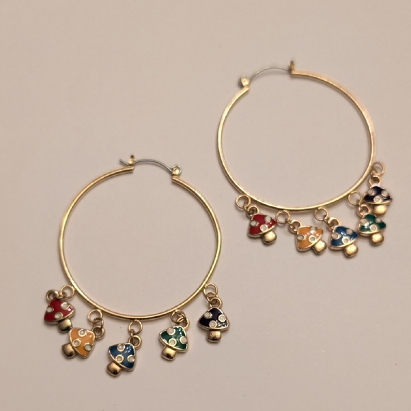 Jewelry - Gold Hoop Earrings with Colorful Mushroom Charms